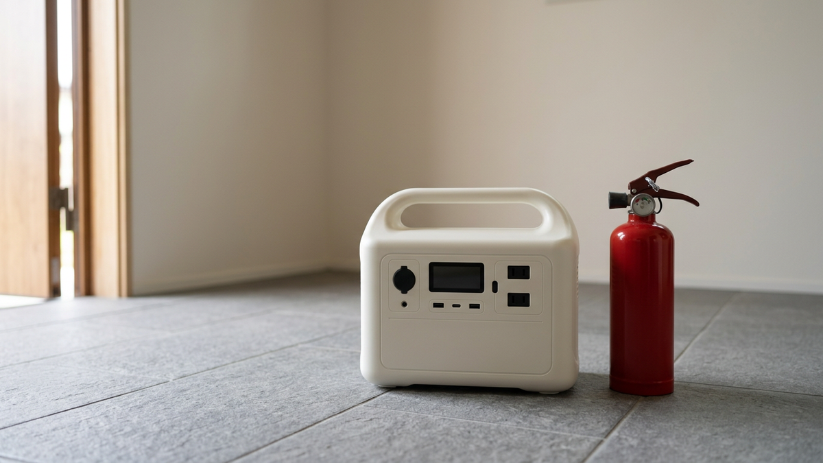 玄関のタイルの床に、ポータブル電源と消火器が間隔をあけて置かれている様子