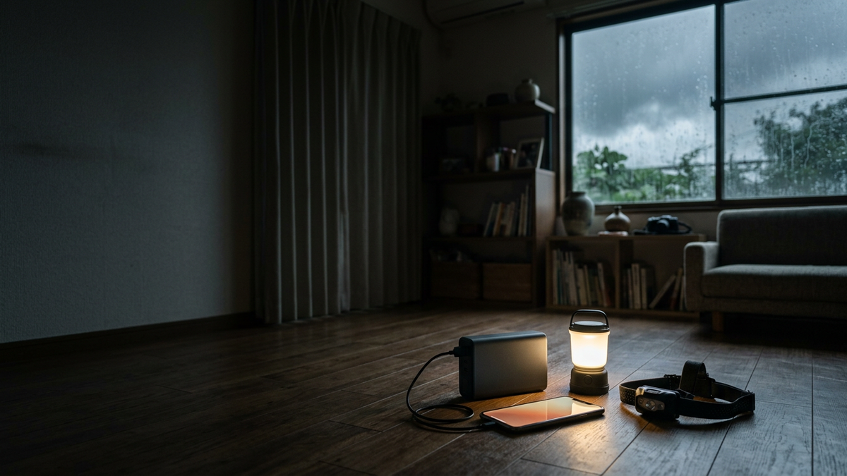 台風の雨が窓を打つ薄暗い部屋で、ポータブル電源につないだスマートフォンとランタン、ヘッドライトが床に置かれている様子