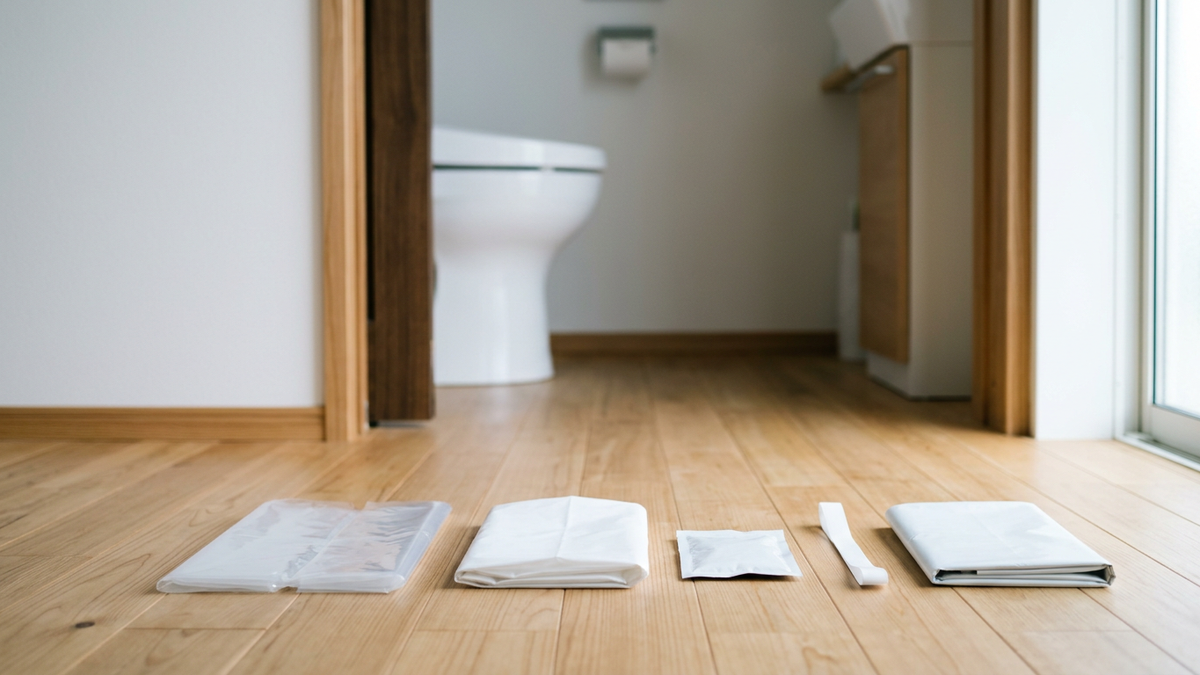 簡易トイレで使う袋、凝固剤の小袋、結ぶひも、防臭袋が、使う順に左から並んでいる様子