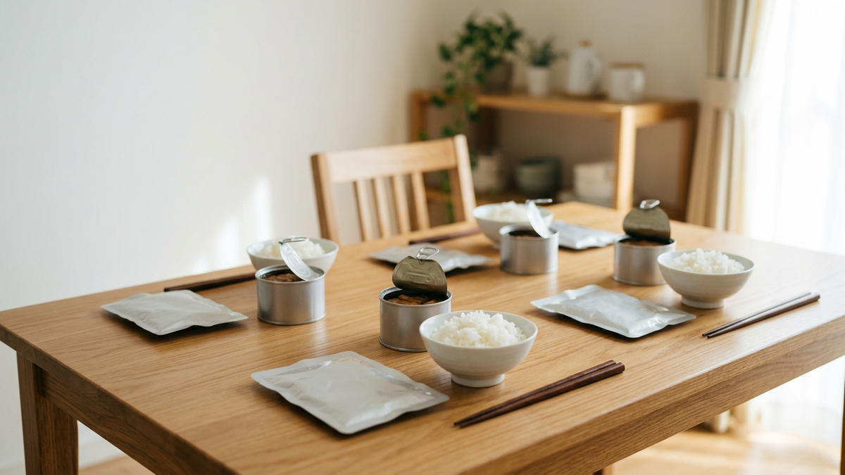 家族4人分の食事として、ごはん、缶詰、アルミ袋の非常食がテーブルに4組並んでいる様子